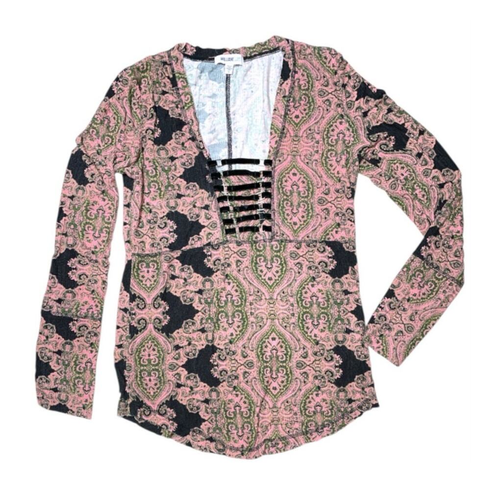 William Rast Pink Paisley Micro-ribbed Laced Long Sleeve Top XL